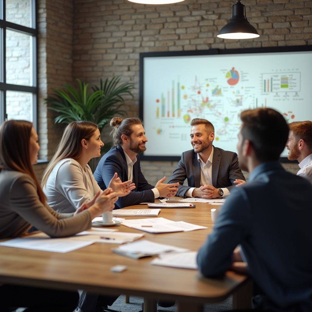 Business team in meeting, discussing data projected on a screen, office setting.