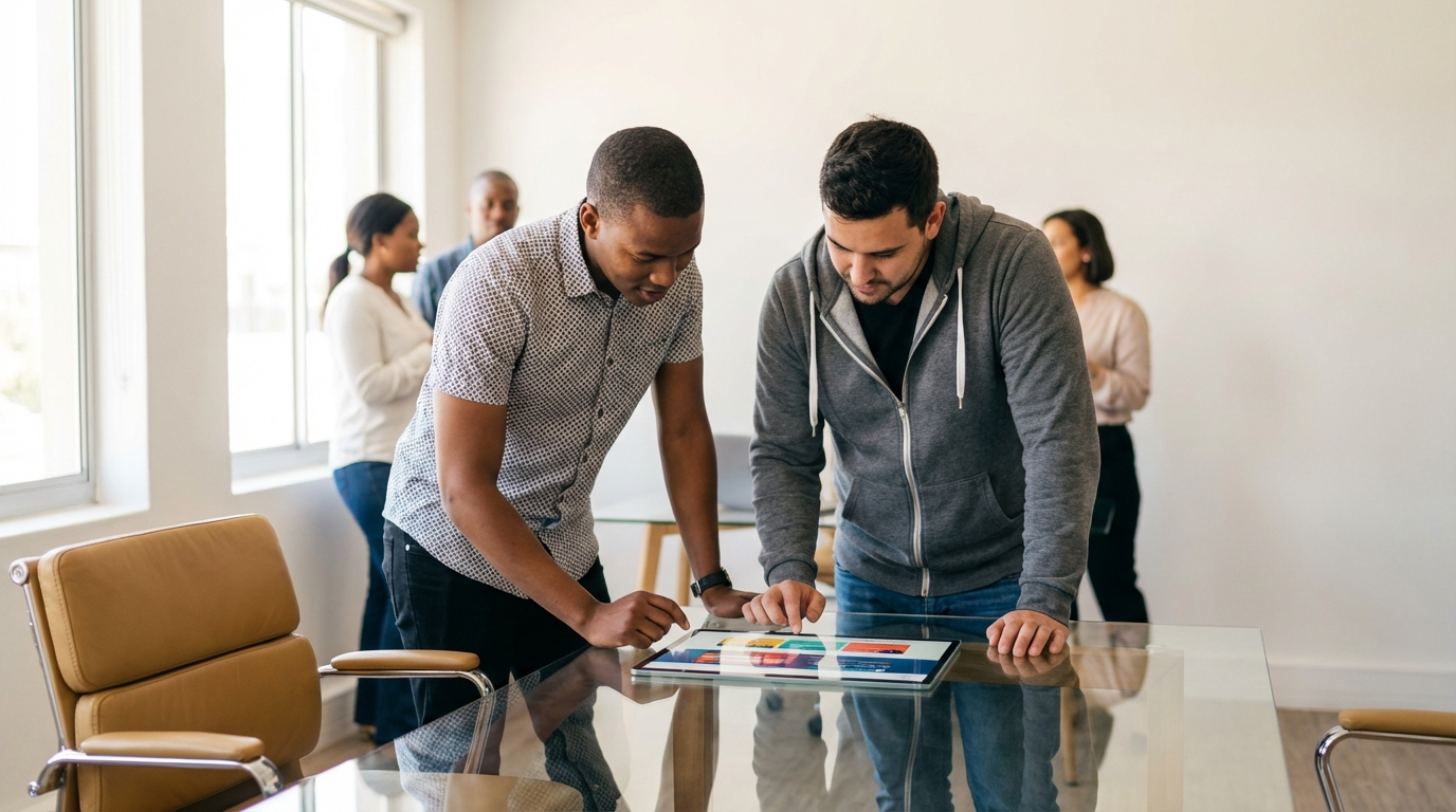 Two people leaning over a glass table in a bright office, reviewing documents together.