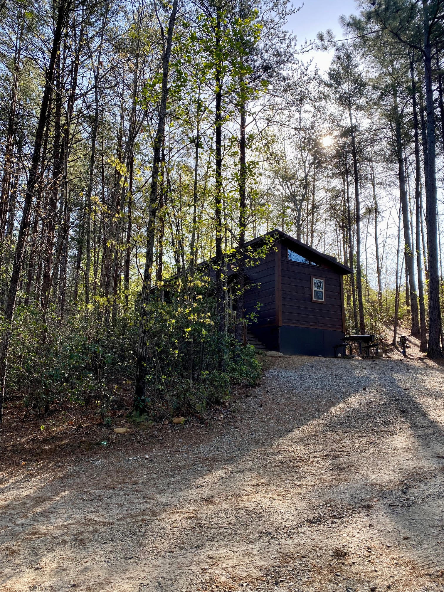 Cabin E nestled in the woods on a hillside at Serenity Ridge wedding venue