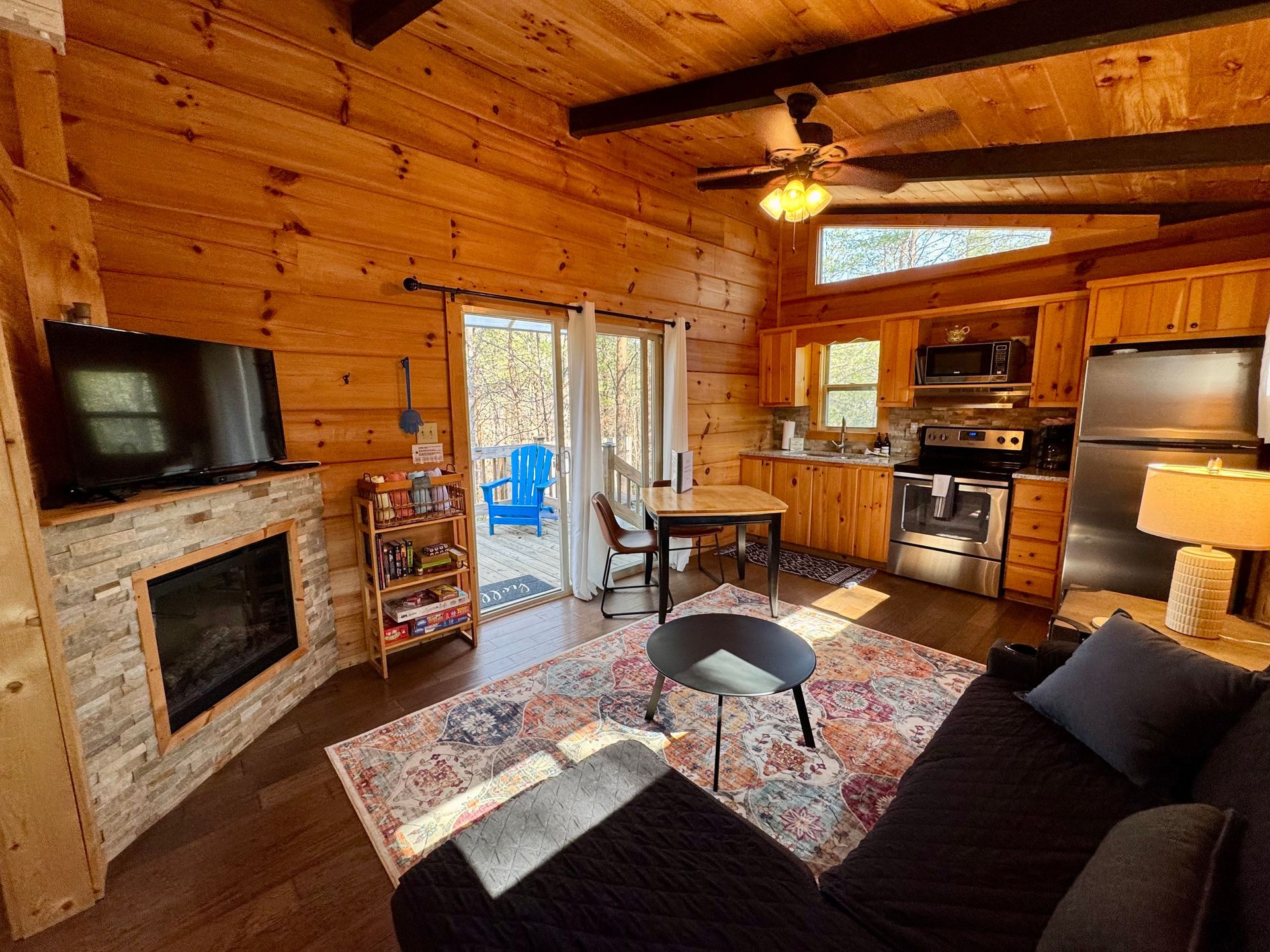 Living room inside Cabin A for relaxing during a wedding weekend at Serenity Ridge