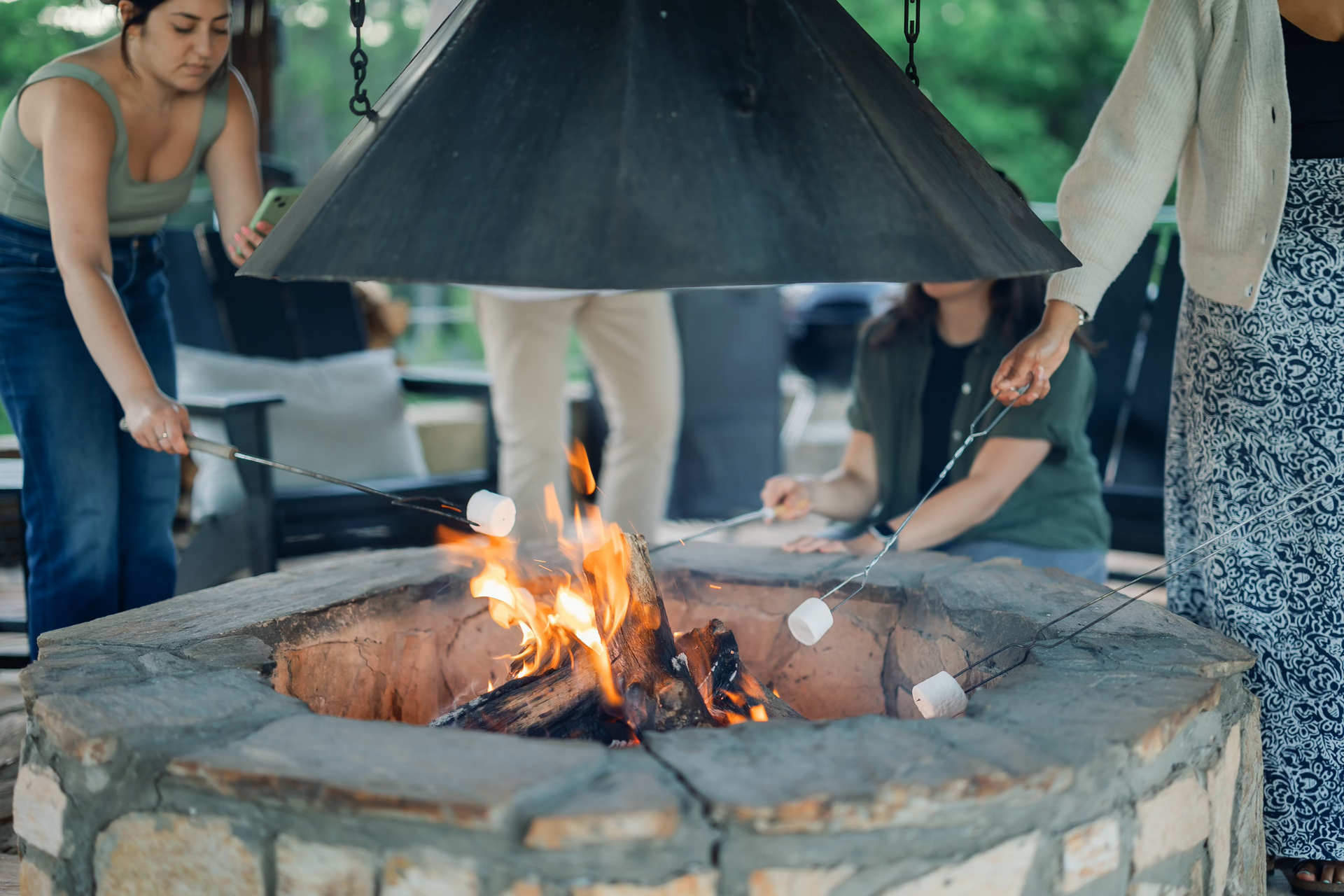 Fire Pavilion with s’mores setup at Serenity Ridge, rustic Blue Ridge wedding retreat