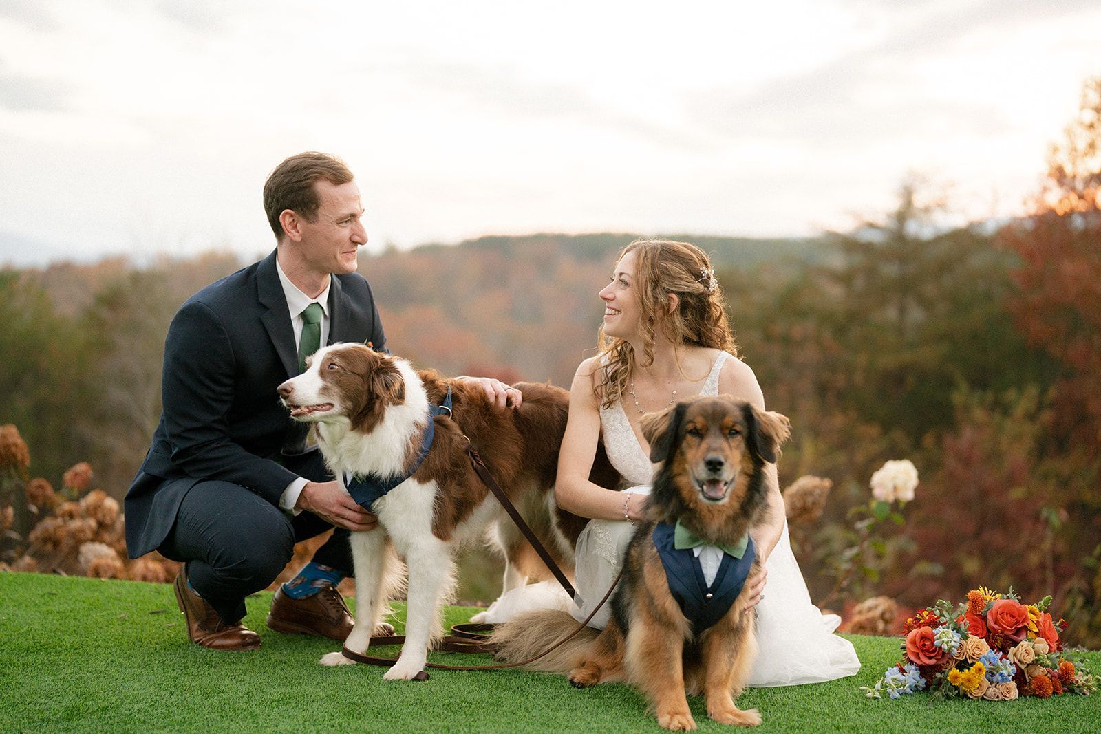 Bride and groom with their dogs during outdoor mountain wedding celebration in North Carolina