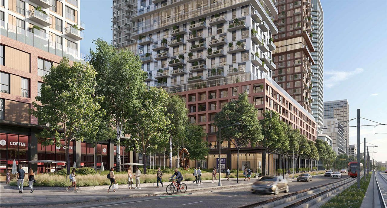 An artist 's impression of a city with a lot of buildings and trees.