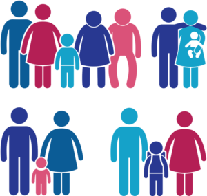 A group of people standing next to each other in different colors