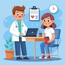 A doctor is talking to a patient who is sitting at a table with a laptop.