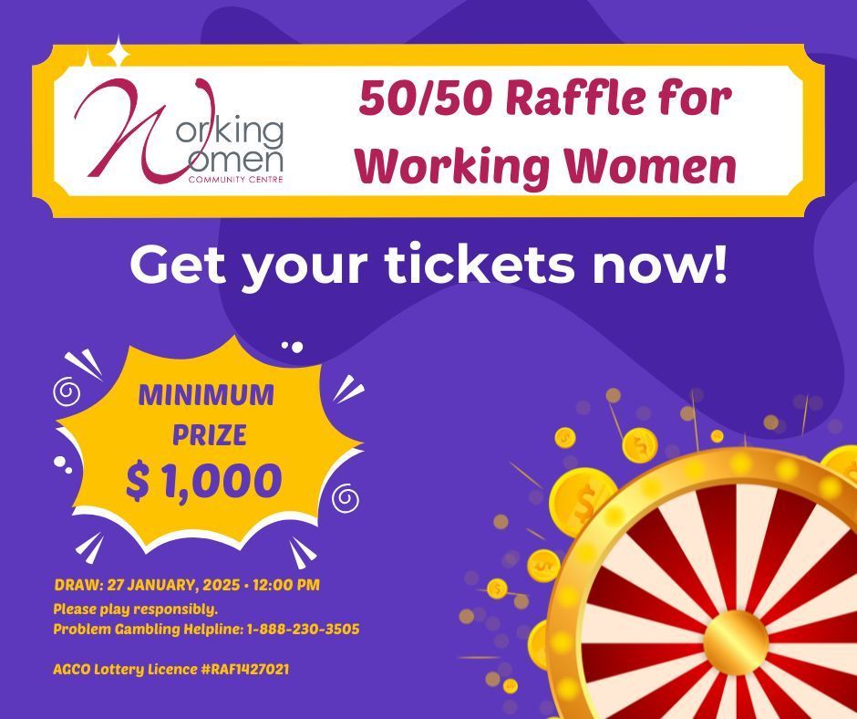 A poster for a 50/50 raffle for working women.