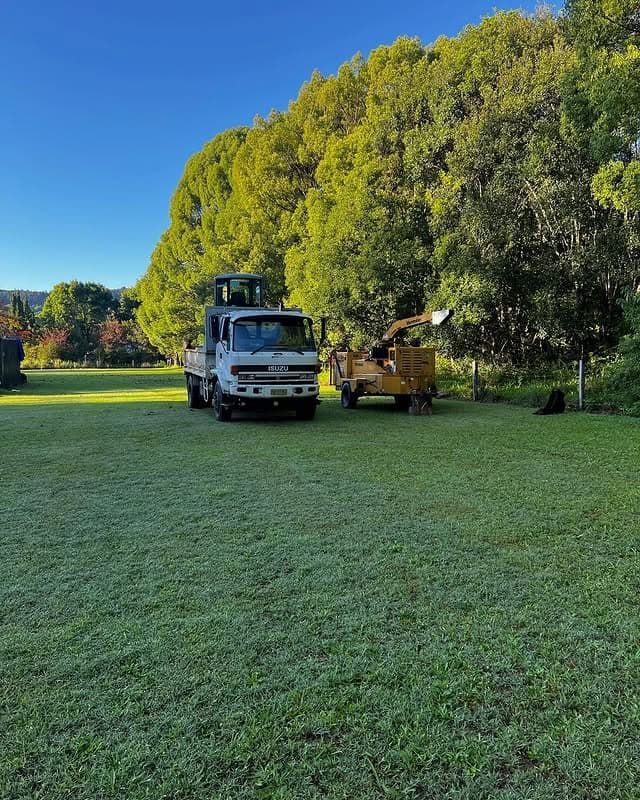 Truck and Wood Chipper on a Grassy Field and Trees — Heller Excavation & Tree Services in Mullumbimby, NSW
