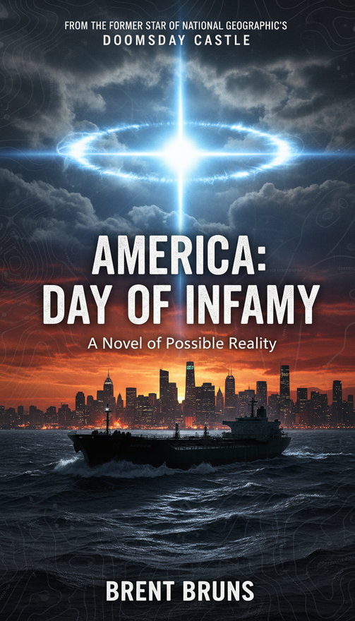 Book cover: Cargo ship on turbulent sea beneath a fiery sky with a glowing energy ring, titled