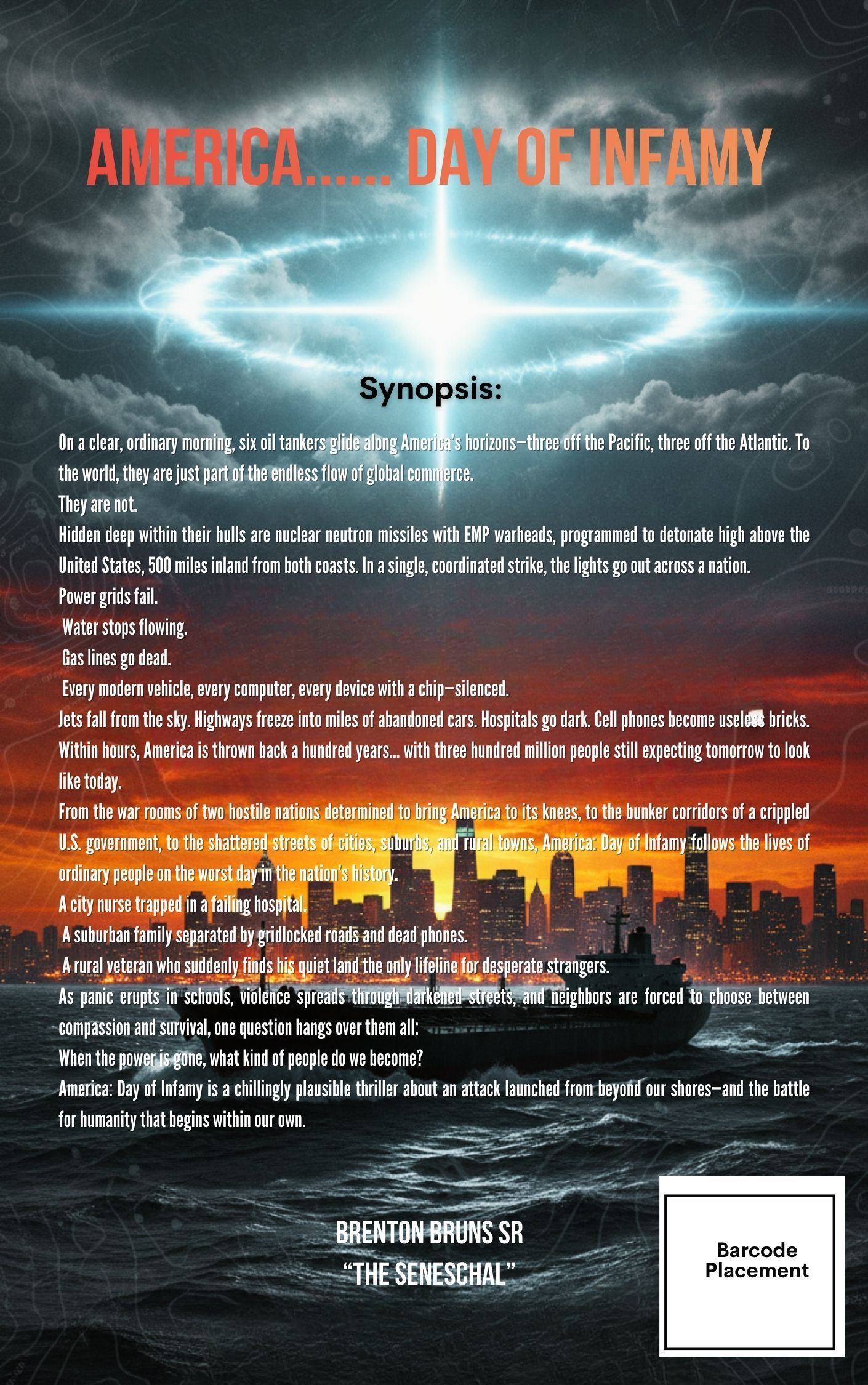 Poster: Alien invasion movie. City silhouette at dusk. Ship on water. Bright light in sky. Text 