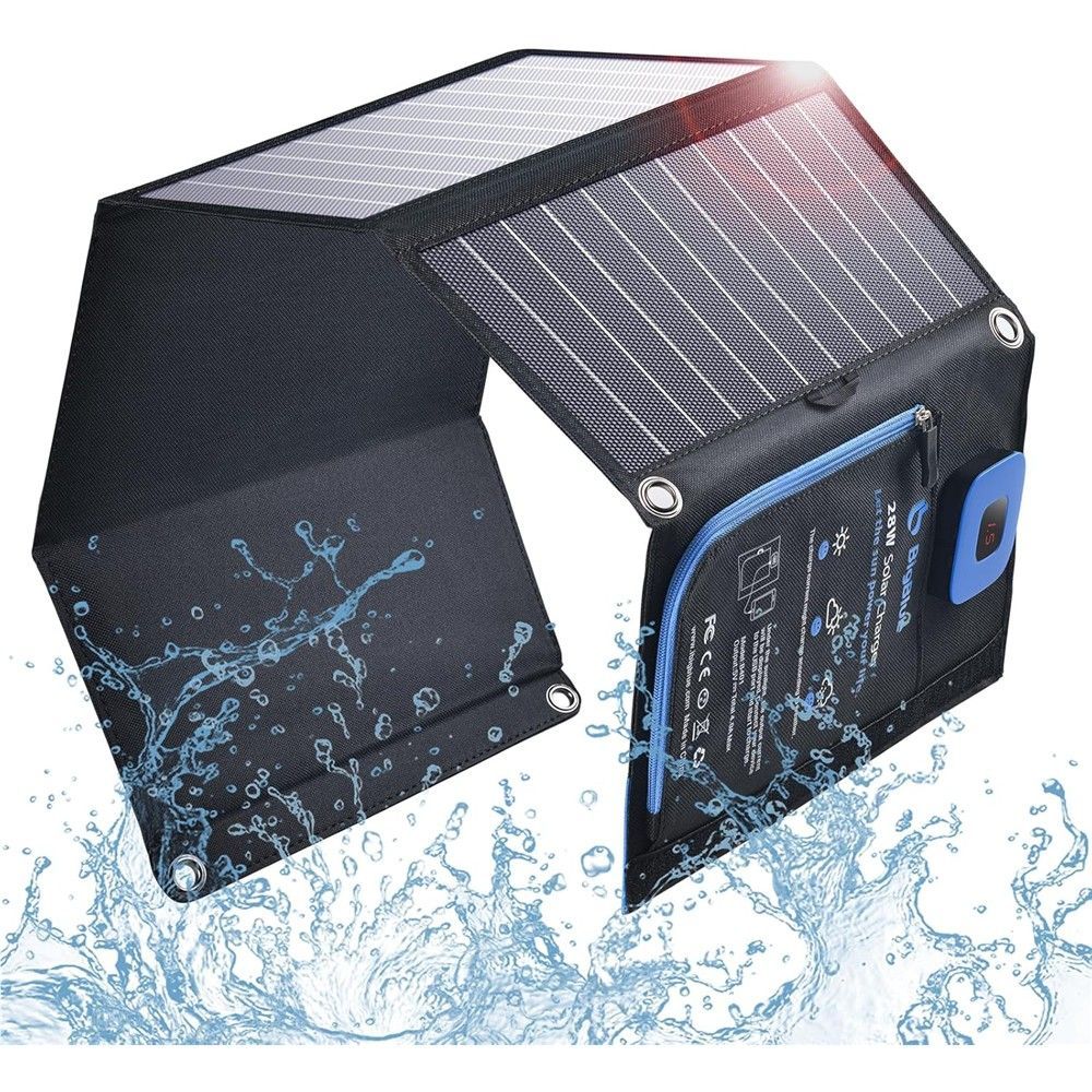 BigBlue Portable Solar Charger 28W with Digital Ammeter, 25.4% High-Efficiency, Dual USB Ports, Folding Waterproof Solar Panels with Carabiners for Camping, Backpacking, Phones, Tablets, Power Bank