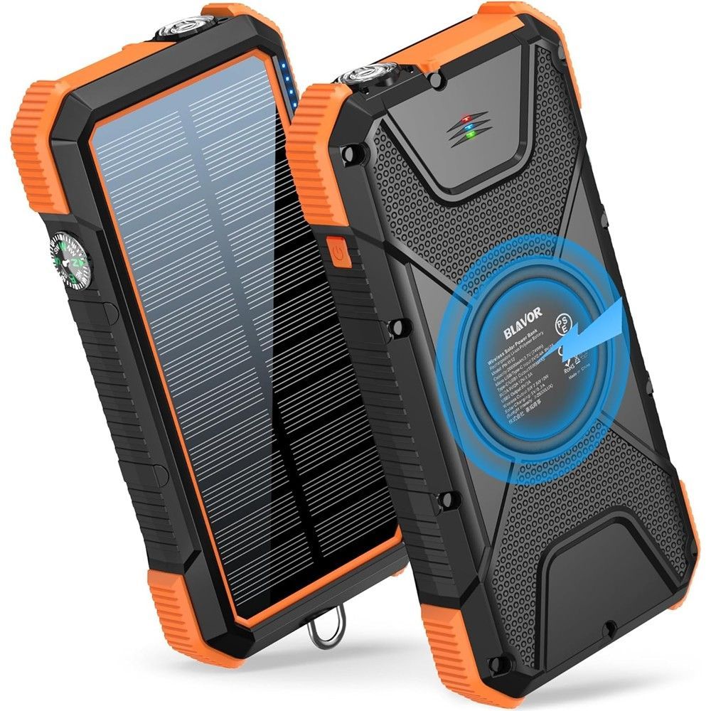 BLAVOR Solar Power Bank, PD18W QC3.0 Fast Charging 10W Wireless Charger 20000mAh Solar Powered Powerbank.