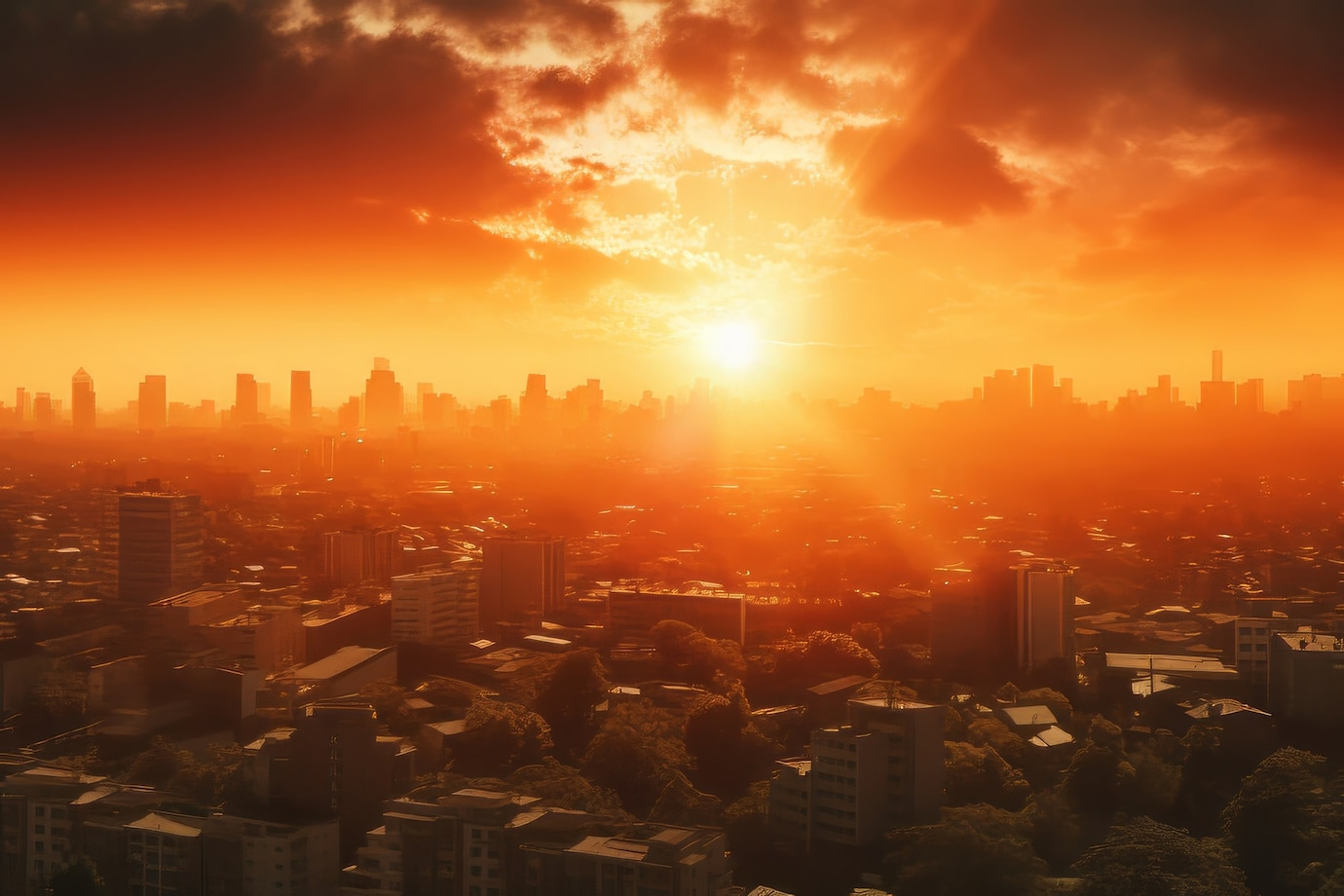 City skyline silhouetted against a fiery orange sunset with clouds and bright sun.