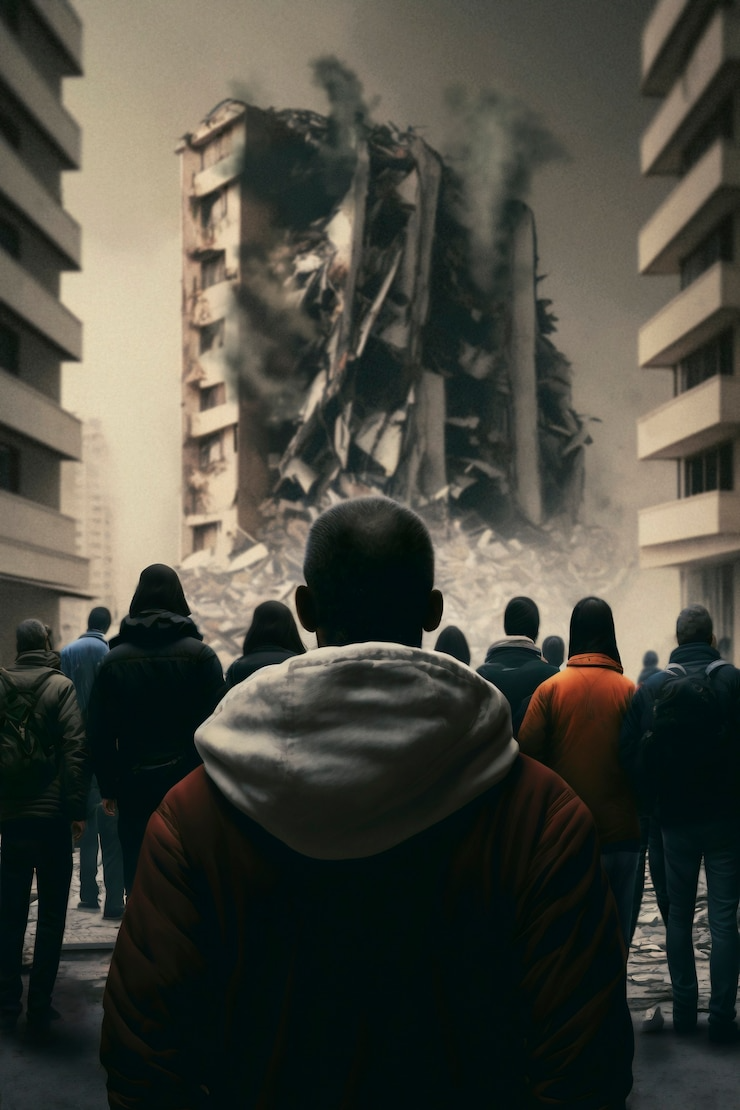 People watch a building collapse amidst smoke. The scene is urban and filled with debris.