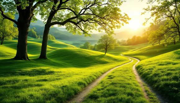 A path going through a green field with trees and the sun shining through the trees.