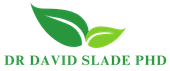 A logo for dr david slade phd with two green leaves on a white background.