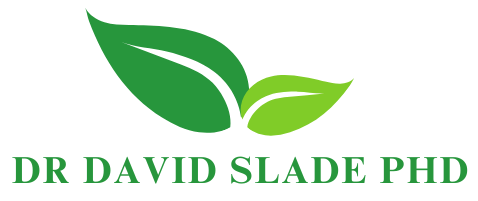 A logo for dr david slade phd with two green leaves on a white background.