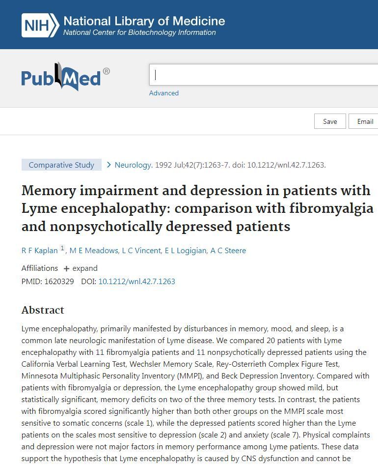 A screenshot of a paper titled memory impairment and depression in patients with lyme encephalopathy.