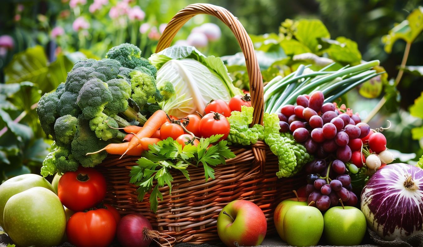 A basket filled with fruits and vegetables is sitting on a table.