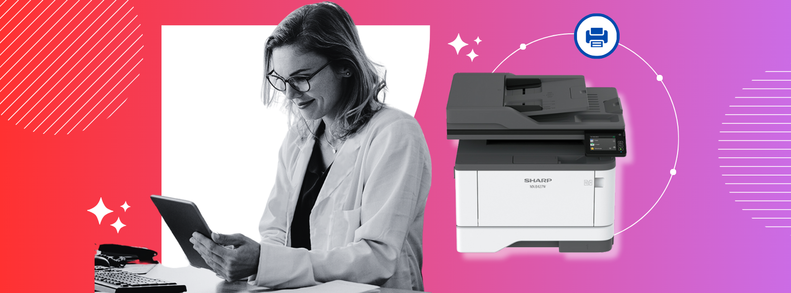 A woman is using a tablet next to a printer.