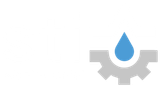 Een blauwe waterdruppel boven een grijs tandwielpictogram op een witte achtergrond.