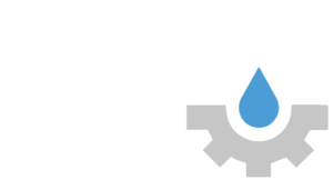 Een blauwe waterdruppel boven een grijs tandwielpictogram op een witte achtergrond.