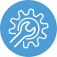 Blauw app-achtig pictogram met een wit tandwiel en moersleutel, wat duidt op instellingen of tools.