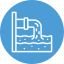 Blauw icoon van een fabriek met schoorstenen en een omtrek van een waterdruppel.