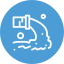Blauw pictogram met een witte kraan en hand, wat aangeeft dat er wordt gewerkt aan handen wassen of watergebruik.