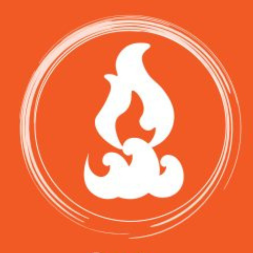 Une flamme blanche est entourée de nuages ​​dans un cercle orange.