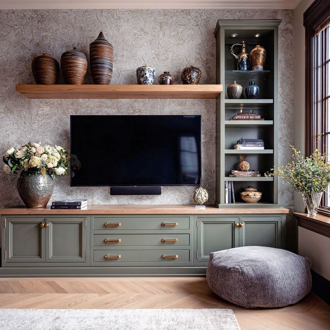Living room with olive green media console, shelving, and TV. Wooden floating shelf holds vases. A gray pouf is nearby.