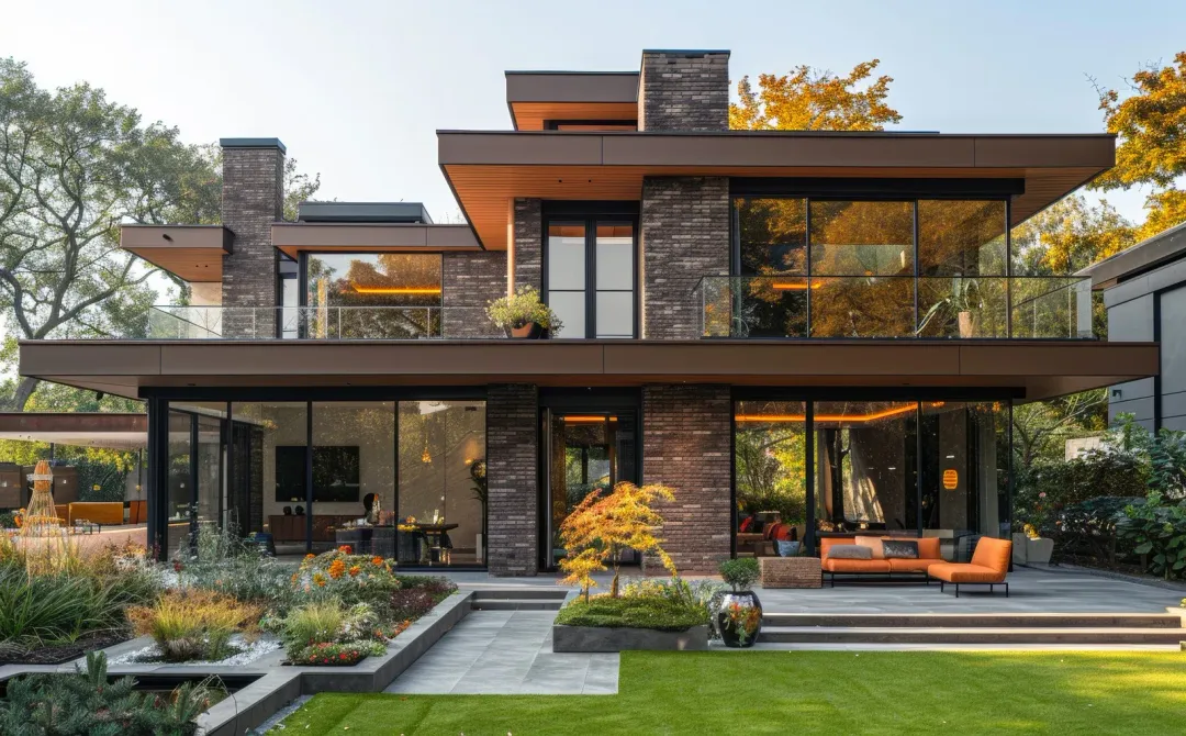 Two-story house with stone facade, brown roof, and arched garage doors; lush green lawn.