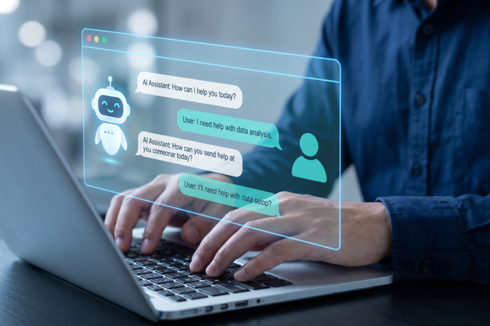 Person using a laptop with an AI chat requesting access to data sources, while the user expresses concern about setup and report accuracy.