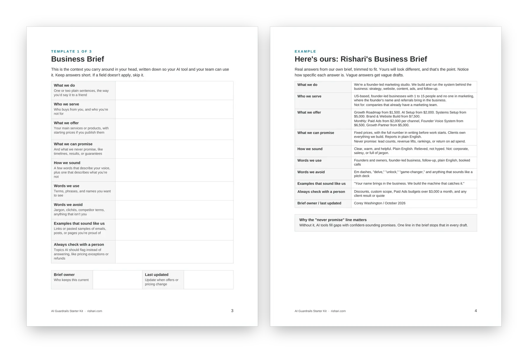 Business Brief template next to Rishari's filled-in example brief from the AI Guardrails Starter Kit