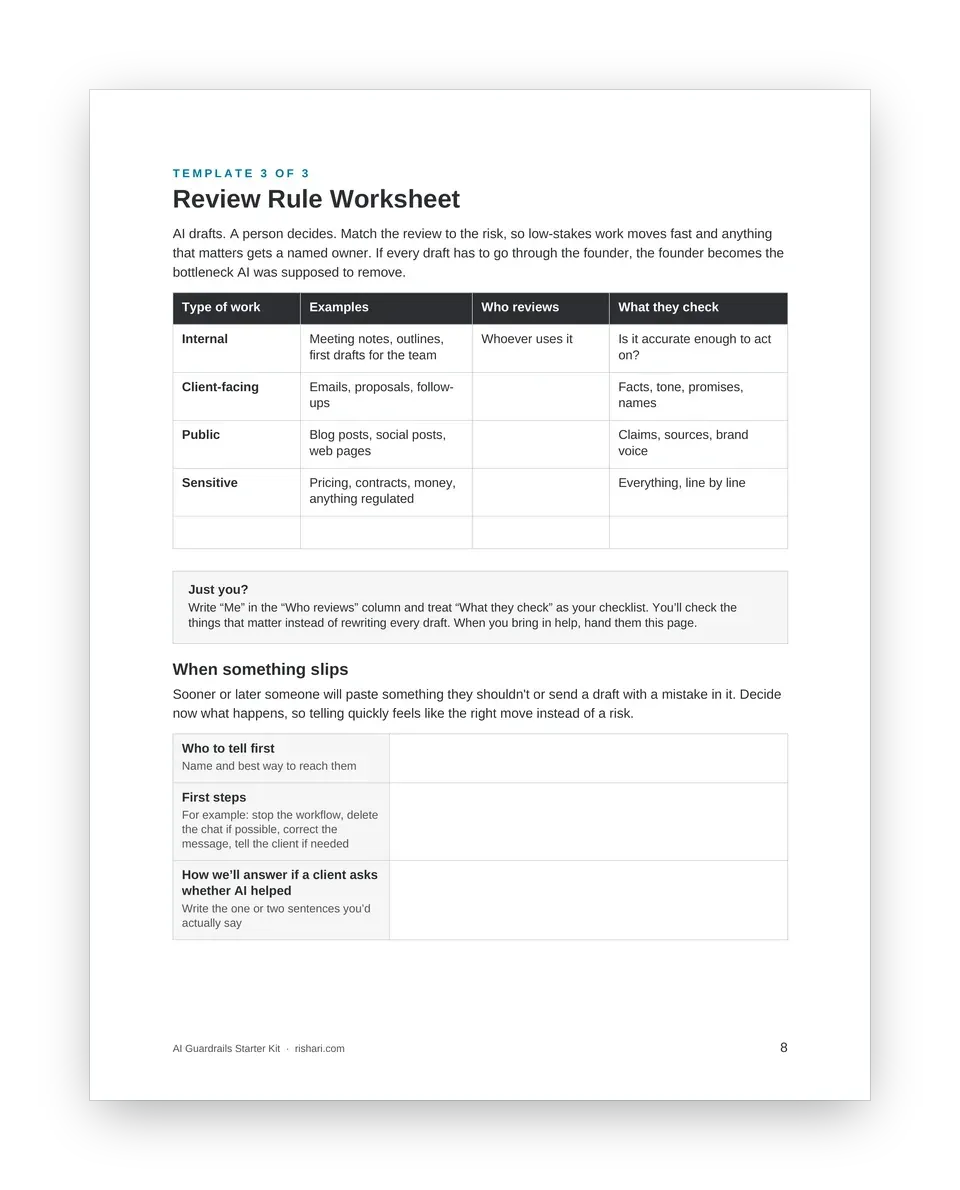 Review Rule Worksheet with a table matching type of work to reviewer, plus a note for solo founders
