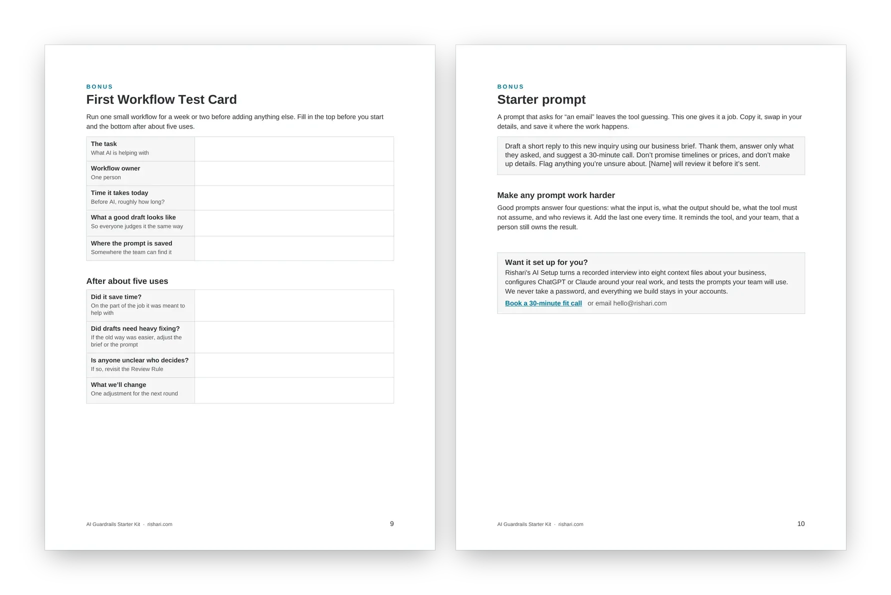 First Workflow Test Card and starter prompt pages from the AI Guardrails Starter Kit