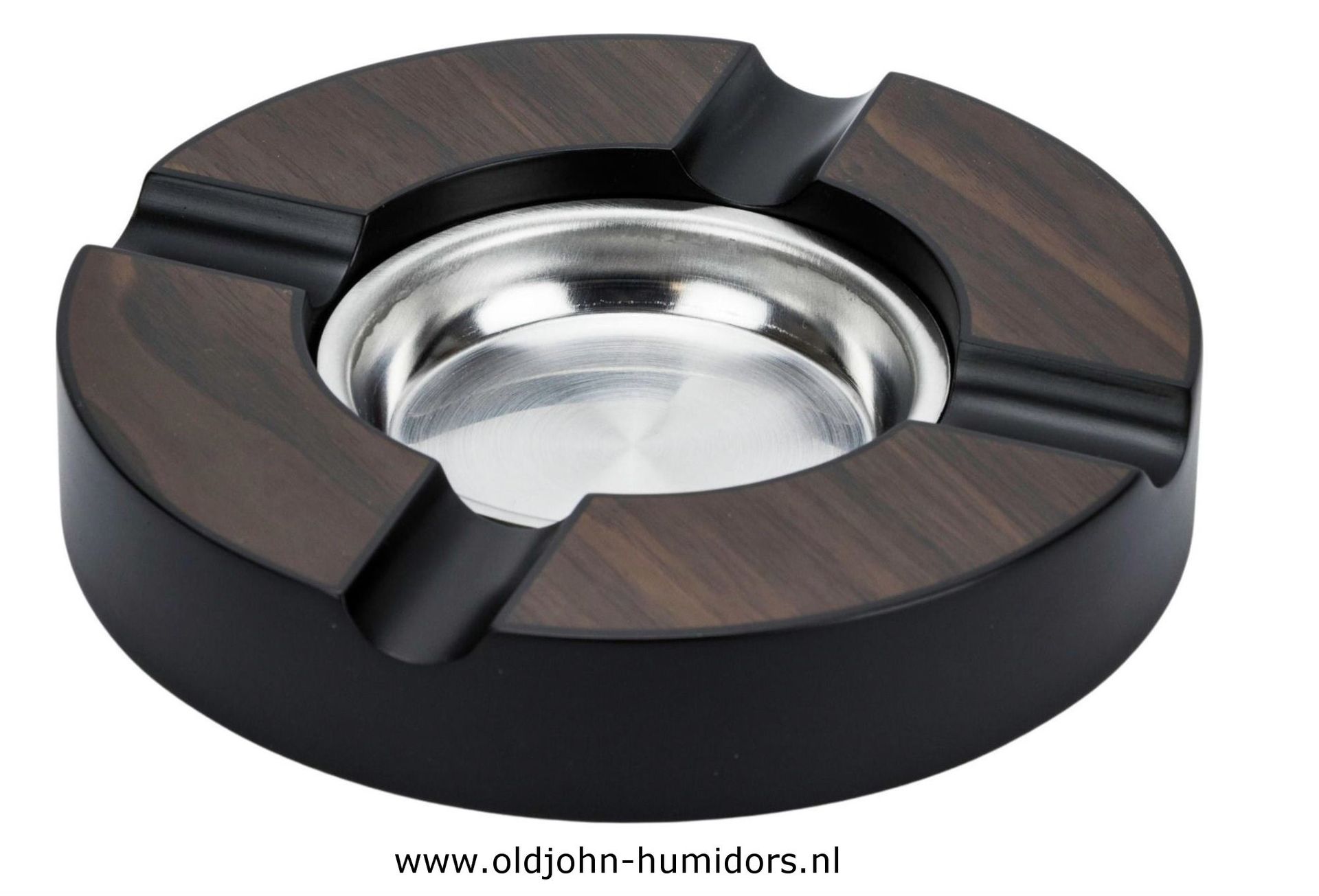 SAB21 Sigaarasbak rond 16 cm, met RVS kom, 4 leggers, Walnoot. verkoop via www.oldjohn-humidors.nl