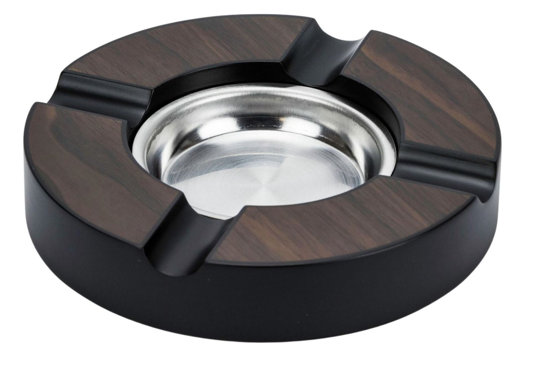 SAB21 Sigaarasbak rond 16 cm, met RVS kom, 4 leggers, Walnoot. verkoop via www.oldjohn-humidors.nl