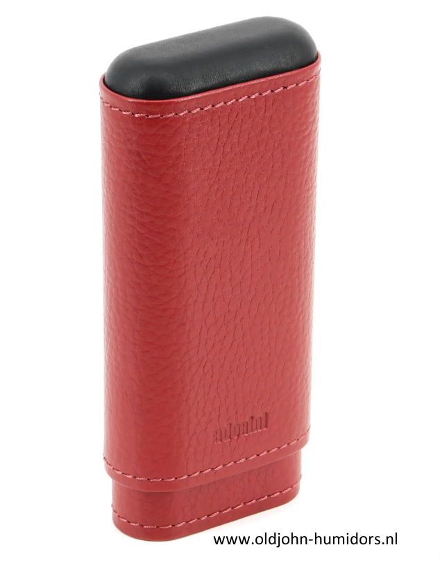 SK04MR Adorini sigarenkoker echt leer magma rood 2 of 3 sigaren cederhout en divider aan de binnenzijde, zwart aan onder- en bovenkant verkoop via oldjohn-humidors.nl