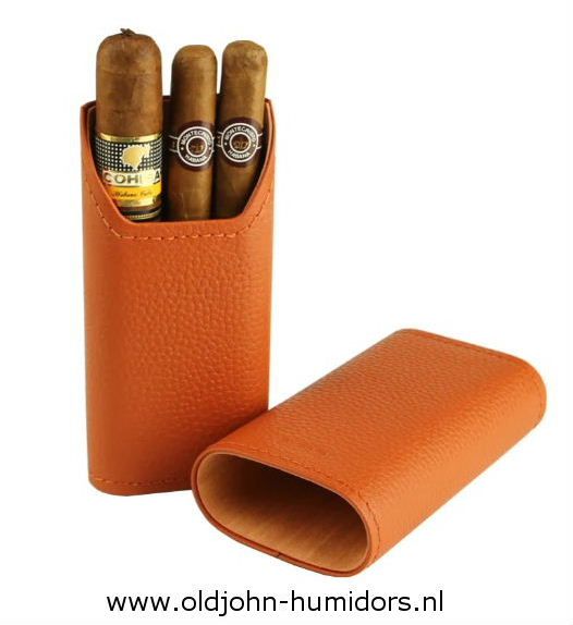 SK04OR Adorini sigarenkoker echt leer krokus oranje 2 of 3 sigaren cederhout en divider verkoop via oldjohn-humidors.nl