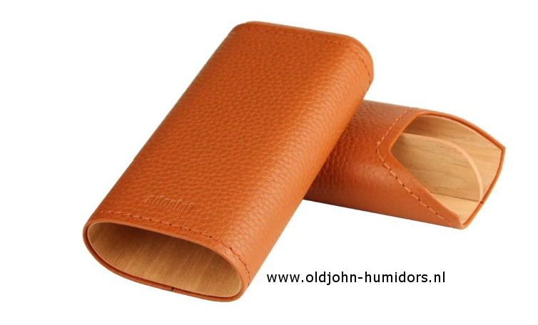 SK04OR Adorini sigarenkoker echt leer krokus oranje 2 of 3 sigaren cederhout en divider verkoop via oldjohn-humidors.nl