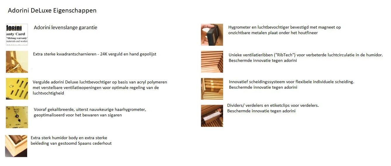 Alt-tekst voor cedro humidor met eigenschappen van Adorini.
