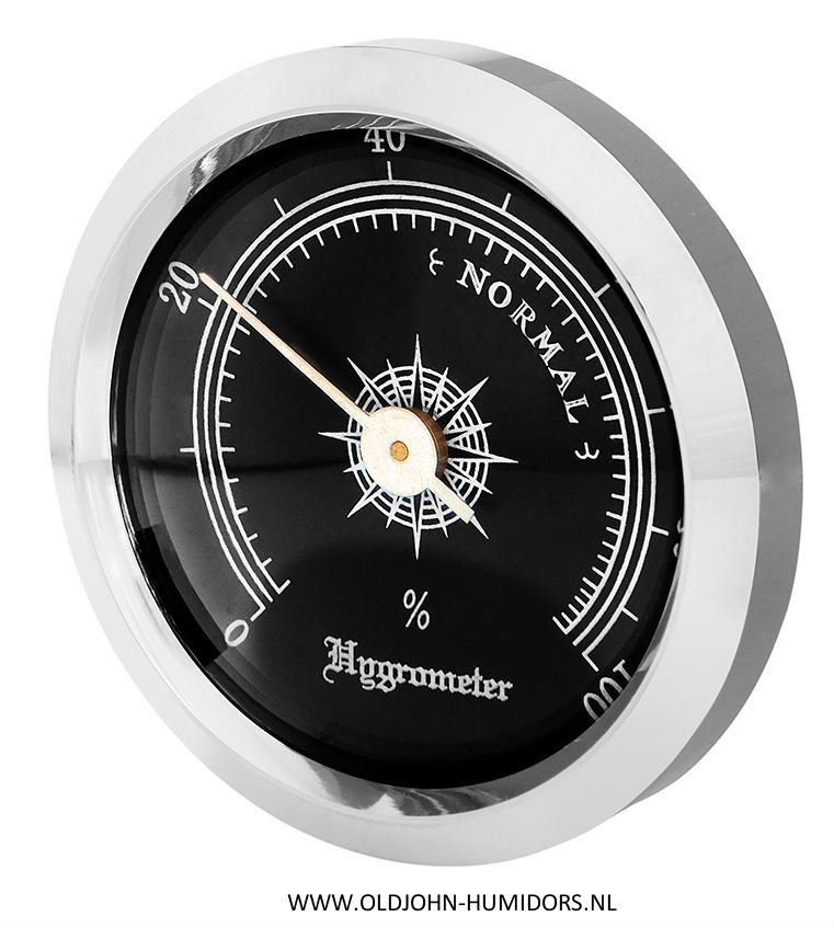 ANGELO Analoge humidor hygrometer 35 mm. chroom met zwarte wijzerplaat Inbouw of opbouw