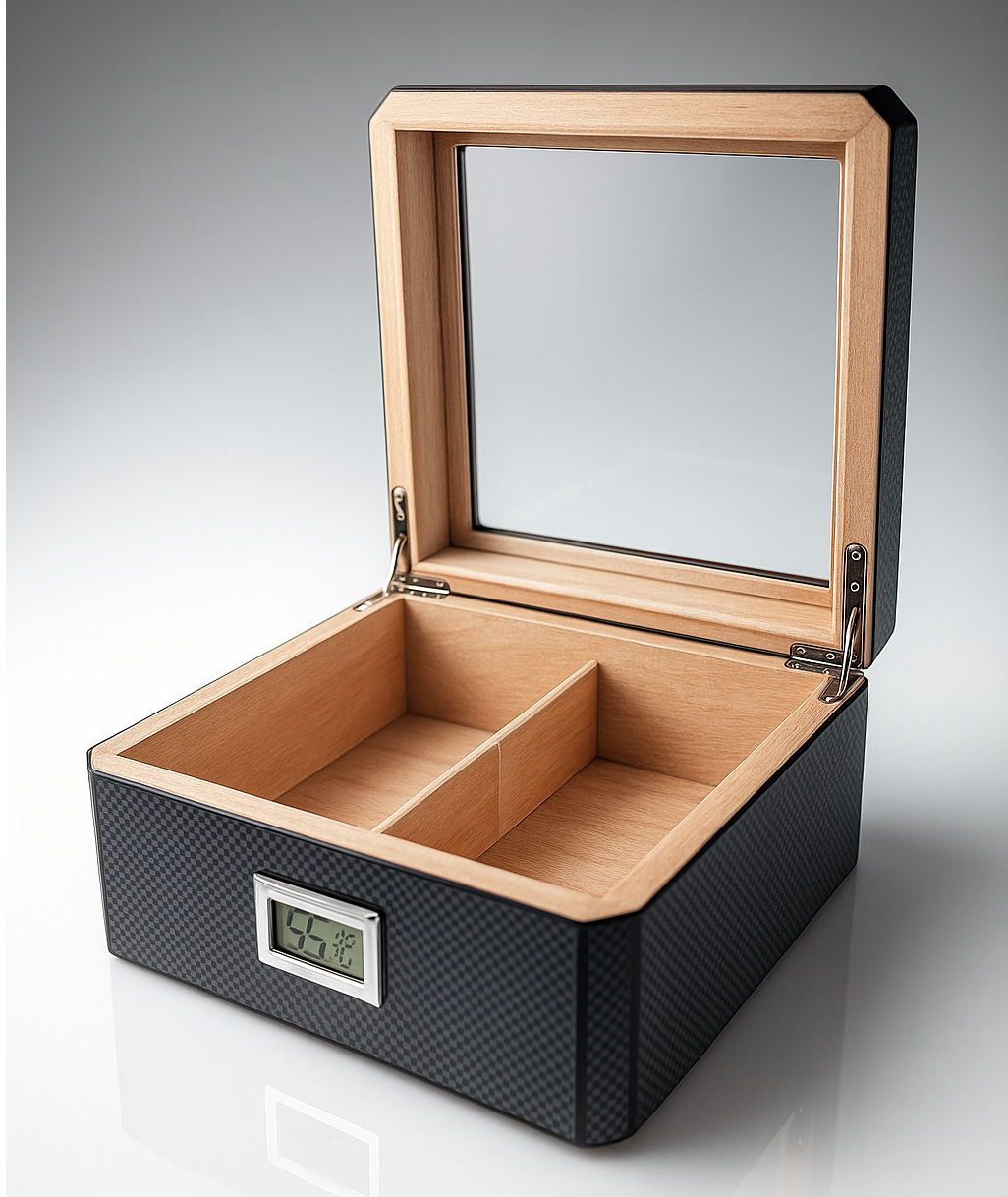 humidor NAPOLI digitaal - carbon fiber finish en groot venster 50 sigaren