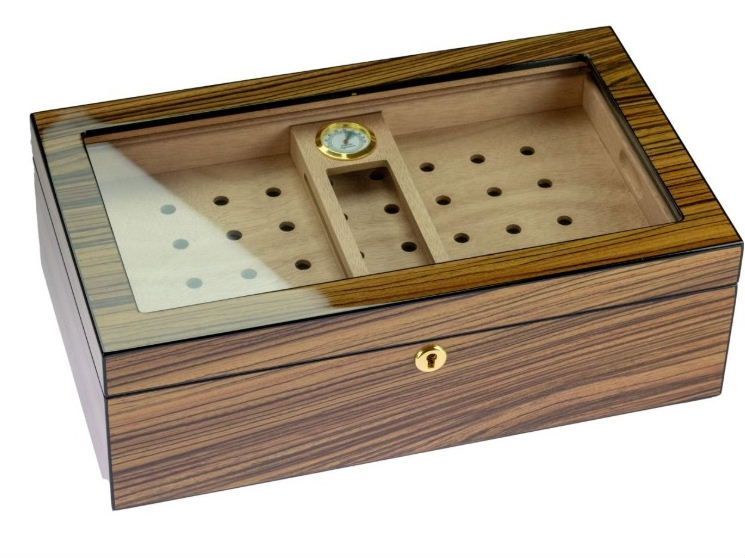 H05 Humidor VENETIA Humidor glass top zebra hi-gloss Met inzet tray en slot 42.9 x 27.5 x 18.2 cm 125sigaren.