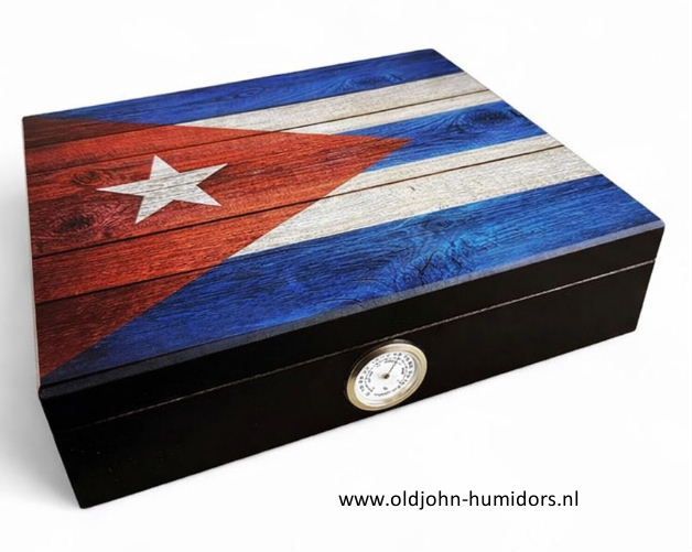 Humidor met houtstructuur en Cuba Vlag - hygrometer aan buitenzijde afleesbaar | Old John Humidors