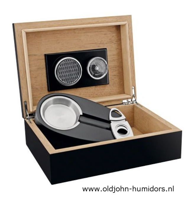 H72 humidor giftset startset zwart met zwart met bijpassende asbak en luxe RVS knipper, hygrometer met zwarte wijzerplaat. Verkoop via www.oldjohn-humidors.nl