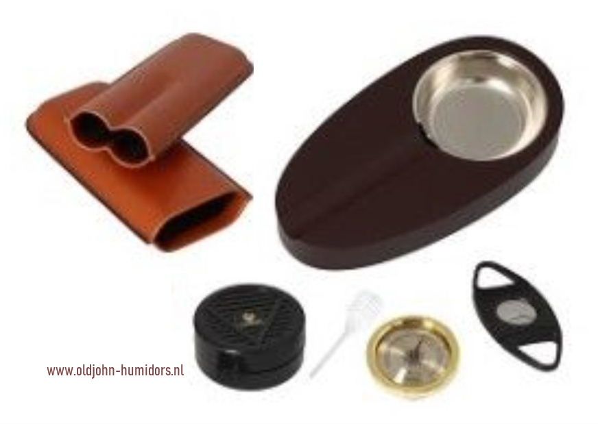 H72 humidor giftset startset zwart met zwart met bijpassende asbak en luxe RVS knipper, hygrometer met zwarte wijzerplaat. Verkoop via www.oldjohn-humidors.nl