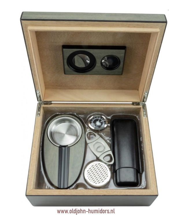 Grijze humidor Startset met asbak, leren koker, knipper