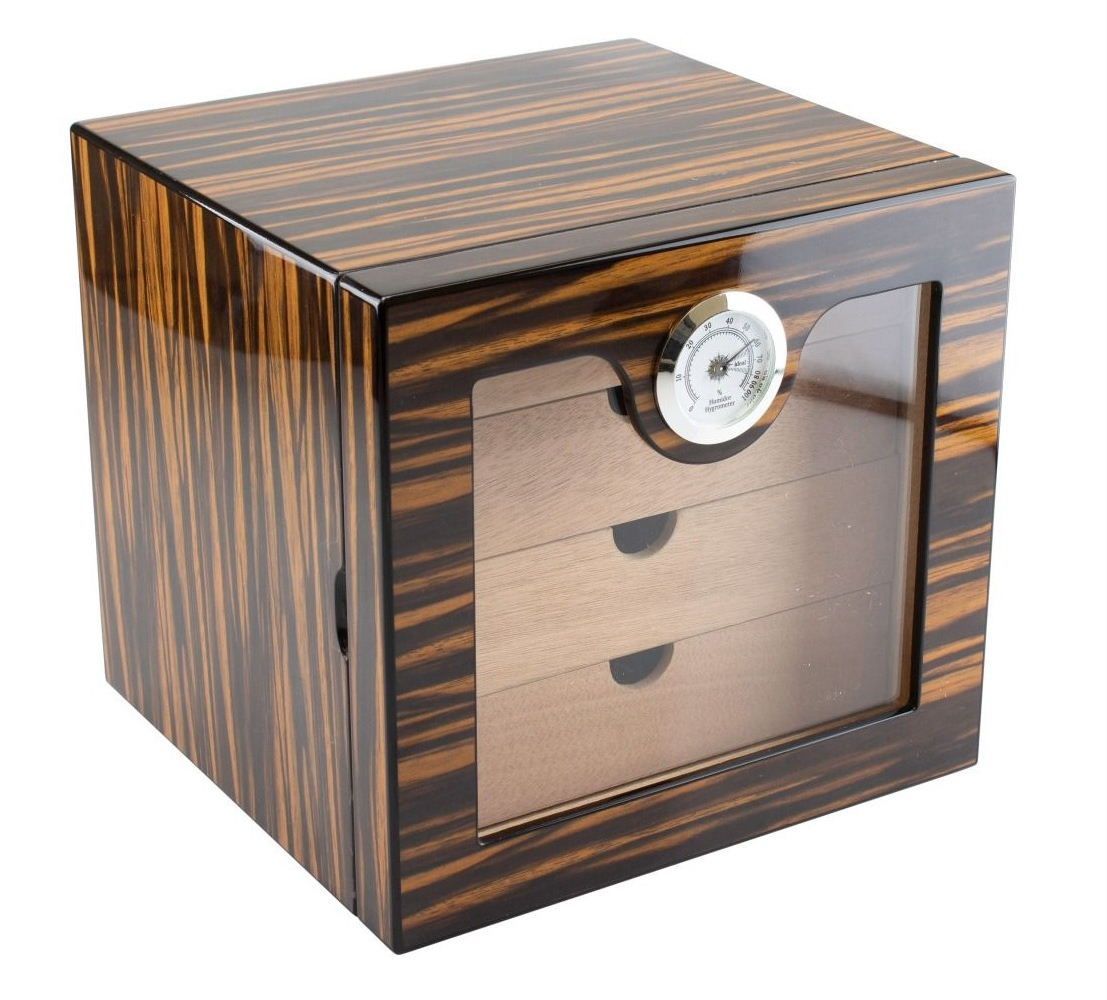 H82 humidor kabinet macassar high gloss met 4 laden en hygrometer van buitenzijde afleesbaar. 100 sigaren - verkoop via www.oldjohn-humidors.nl