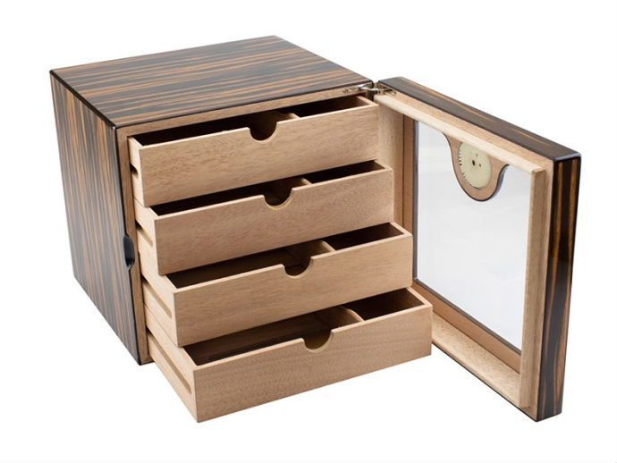 H82 humidor kabinet macassar high gloss met 4 laden en hygrometer van buitenzijde afleesbaar. 100 sigaren - verkoop via www.oldjohn-humidors.nl